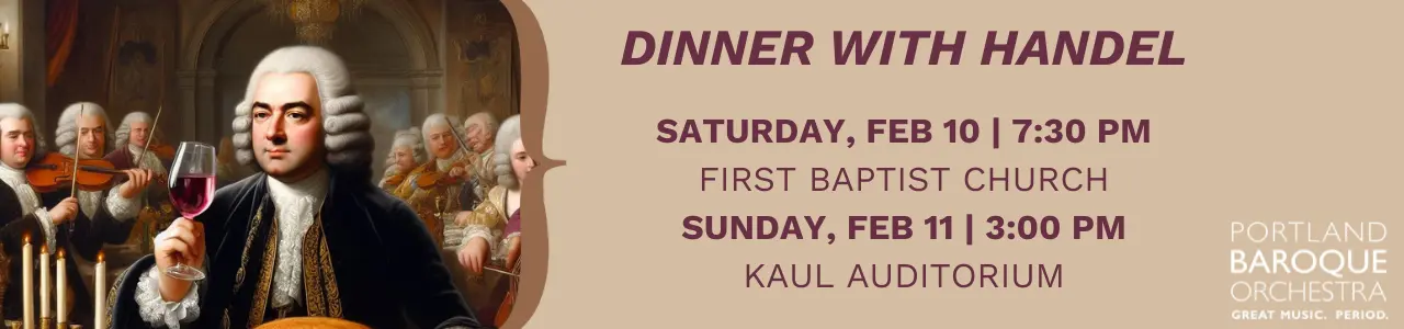 Composer George Fredric Handel sits at an opulent dinner party with Baroque musicians flanking him.