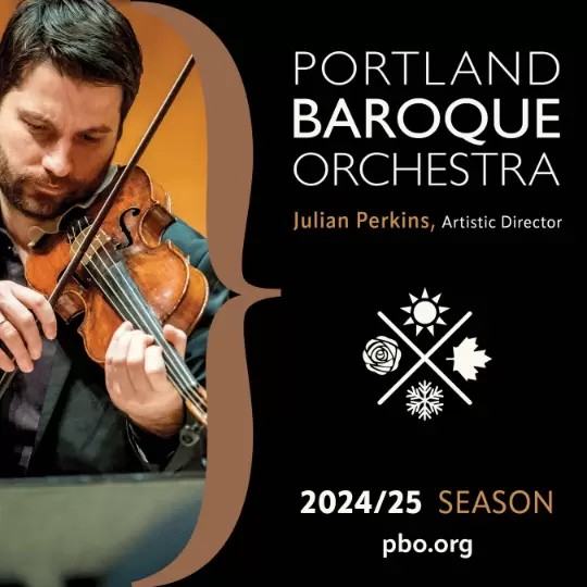 Violinist Toma Iliev plays his instrument on the cover of the season brochure of the 2024/25 season for the Portland Baroque Orchestra