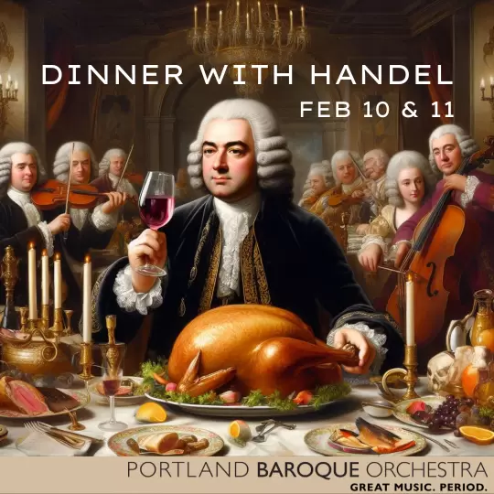 Composer George Fredric Handel sits at an opulent dinner party with Baroque musicians flanking him.