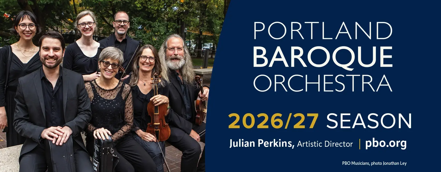 Core members of the Portland Baroque Orchestra posing in two row
